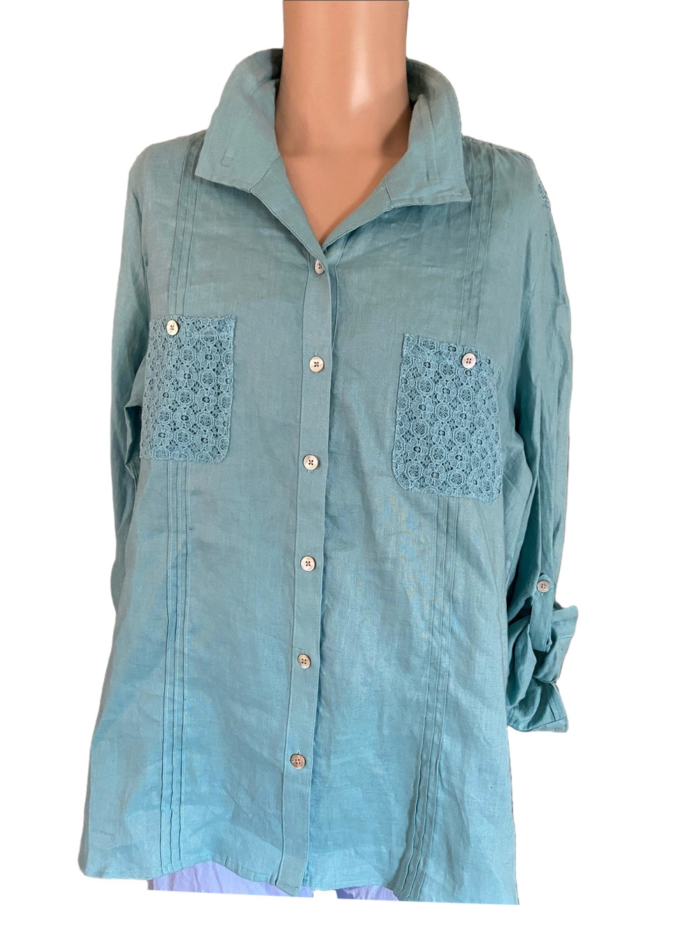 John Mark Aqua Button-Front Shirt with Lace Pockets